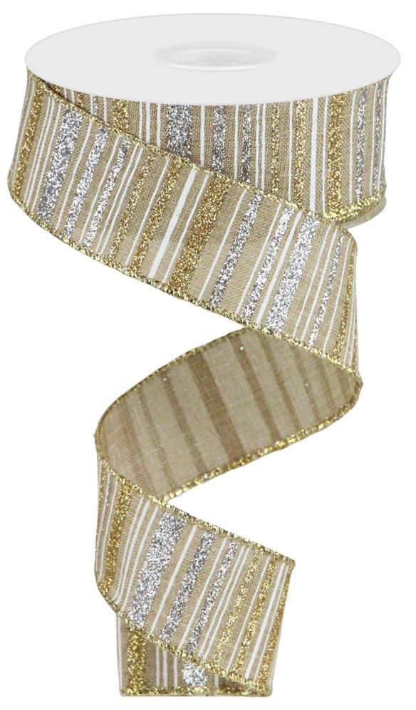 1.5 Inch x 10 Yards Glttr Stripe On Royal Burlap Ribbon - Light Beige/Gold/Silver