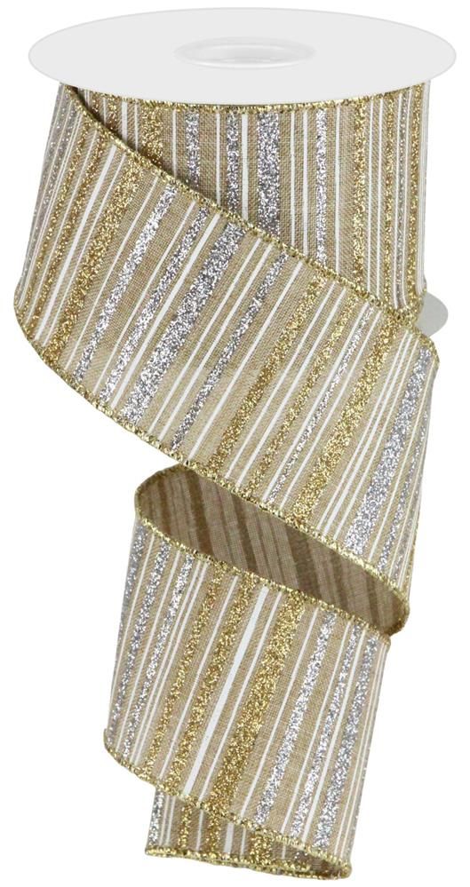 2.5 Inch x 10 Yards Glttr Stripe On Royal Burlap Ribbon - Light Beige/Gold/Silver