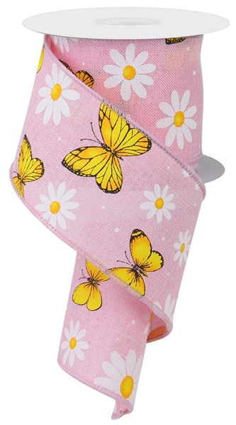 Yellow Butterfly White Daisy Light Pink Spring Ribbon - 2.5 inch x 10 yards - Wired Edge