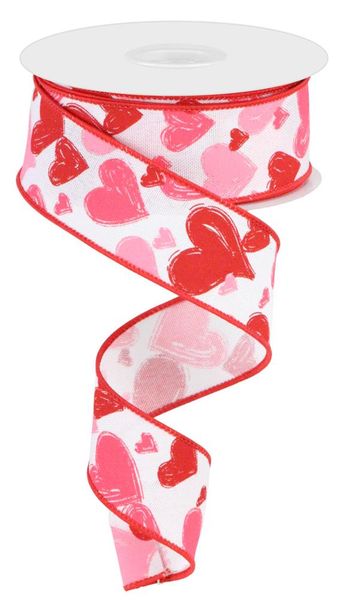 Pre-Order Now & Ship On December 24th 2025 - White/Red/Hot Pink/Light Pink - Hand Drawn Hearts/Faux Royal Ribbon - ( 1-1/2 Inch | 10 Yards )