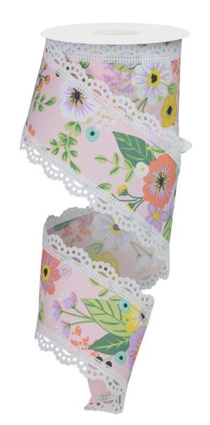 Light Pink/Peach/Lavender/Yellow/Green - 2.5 Inch x 10 Yards Graphic Florals/Lace