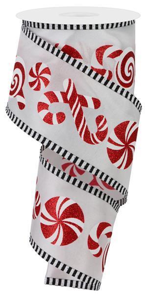 Christmas Holiday Ribbon White Candy Cane- 2.5 Inch x 10 Yards - Wired Edge