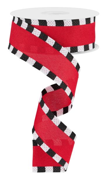 Pre-Order Now Ship On May 30th 2024 - Red/Black/White - Faux Royal Burlap/Stripe Ribbon - 1-1/2 Inch x 10 Yards