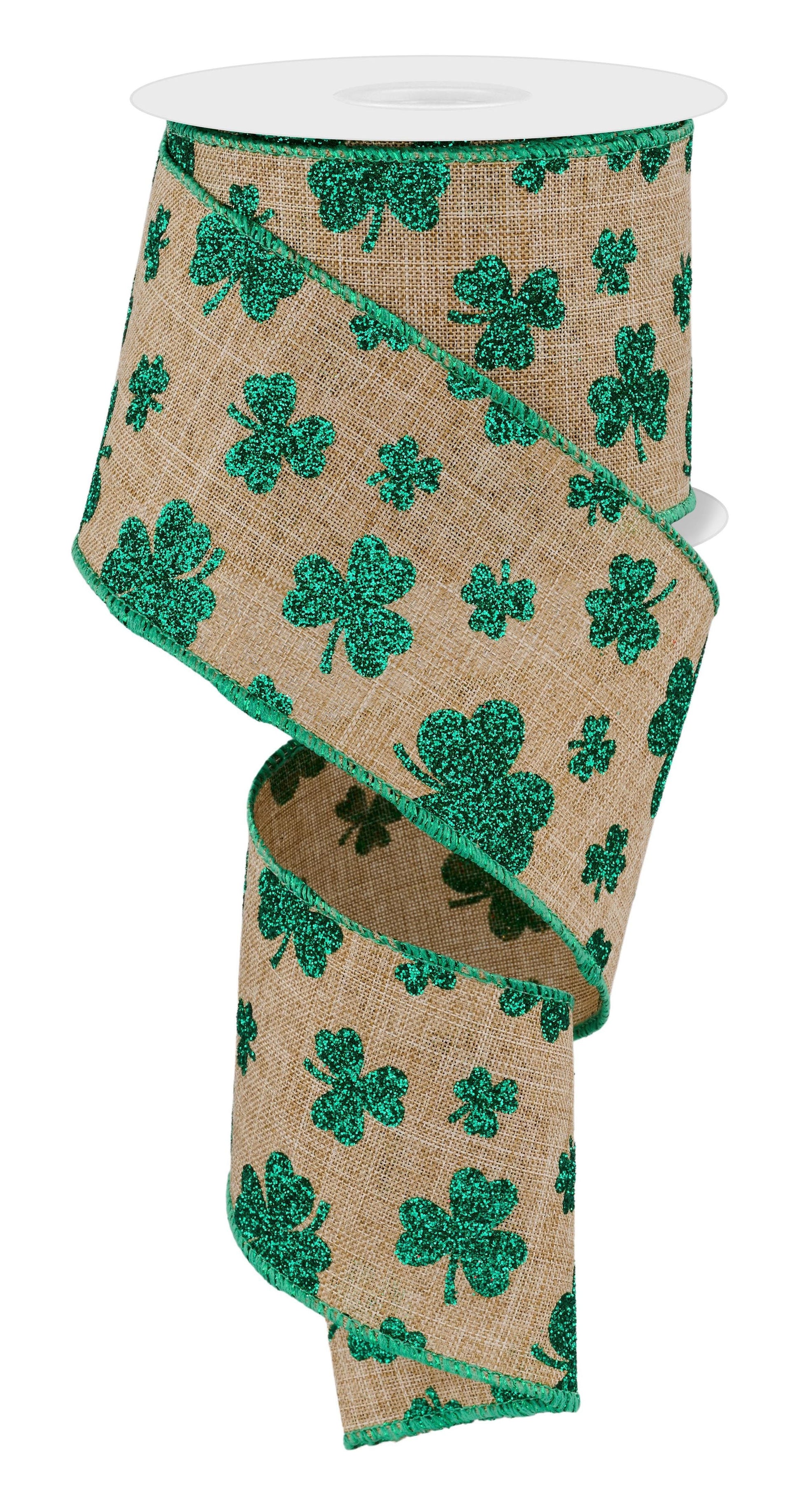 2.5 Inch x 10 Yards Glitter Shamrocks Ribbon - Light Beige/Kelly Green