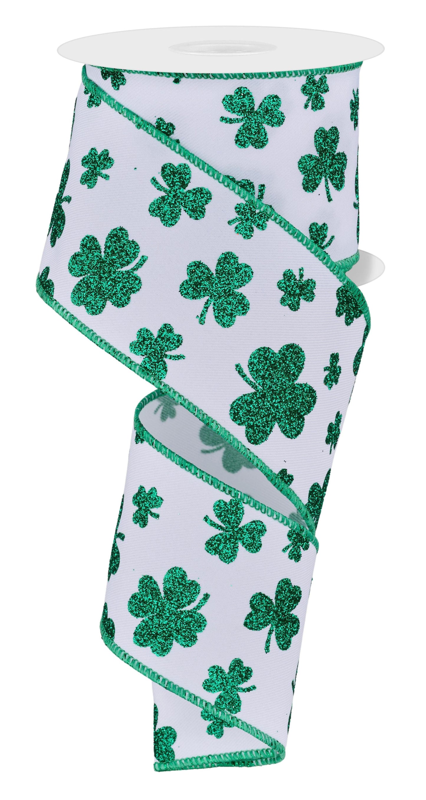 2.5 Inch x 10 Yards Glitter Shamrocks Ribbon - White/Kelly Green
