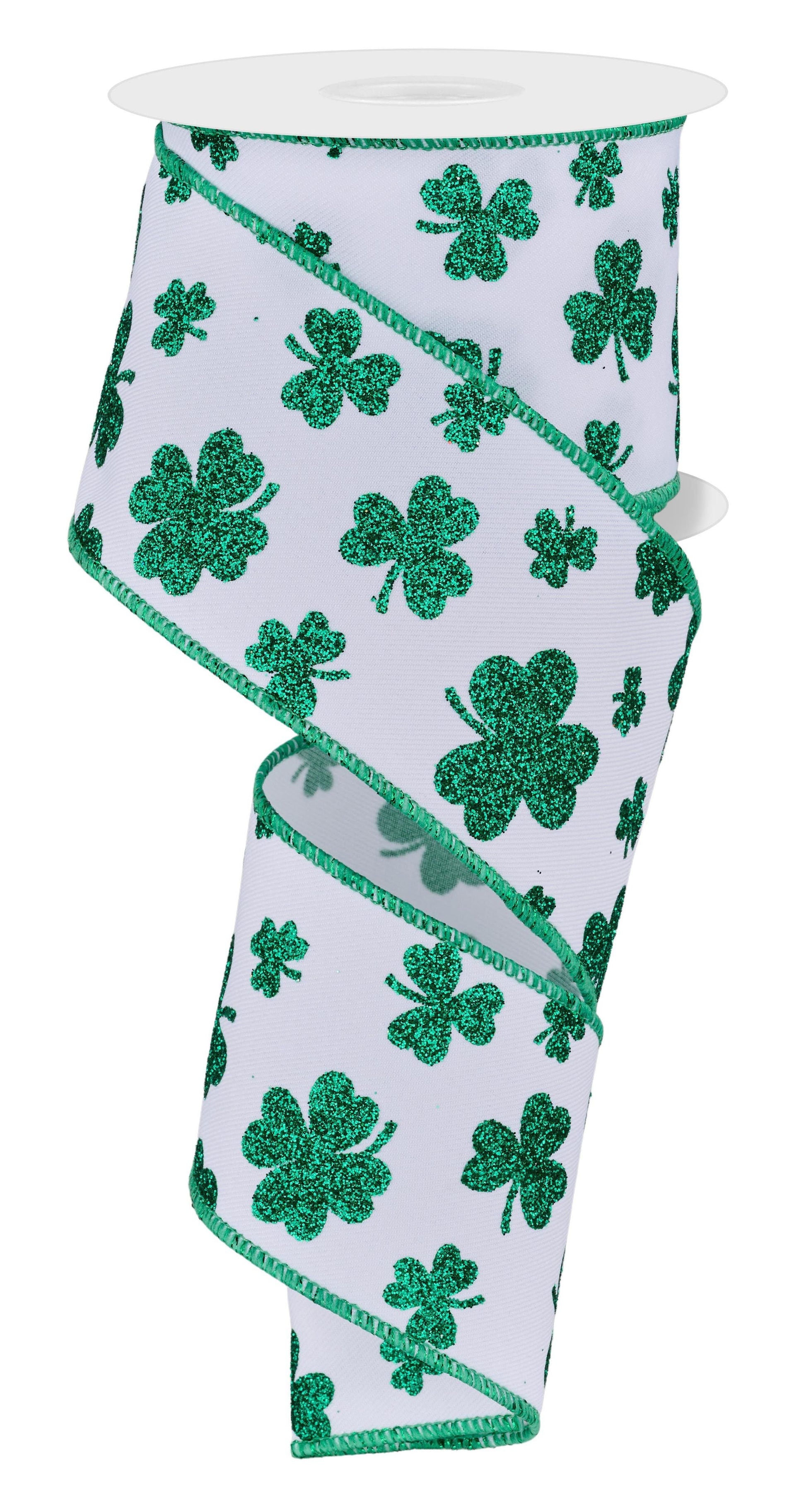 2.5 Inch x 10 Yards Glitter Shamrocks Ribbon - White/Kelly Green