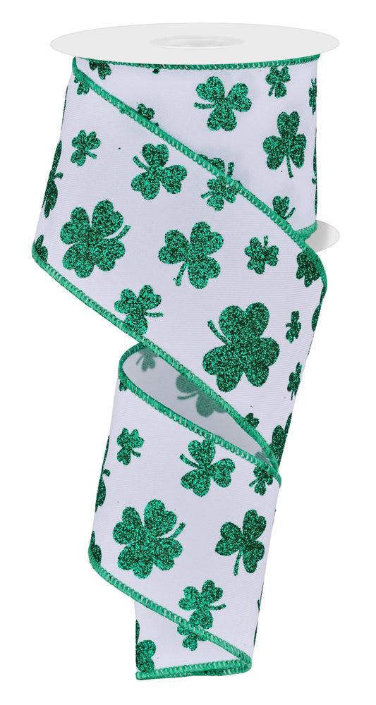 2.5 Inch x 10 Yards Glitter Shamrocks Ribbon - White/Kelly Green