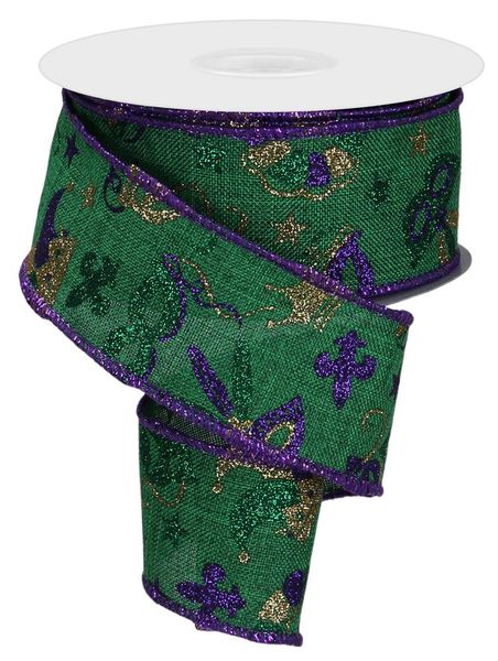 Pre-Order Now & Ship On December 24th 2025 - Emerald Mardi Gras Pattern Ribbon - ( 1-1/2 Inch | 10 Yards )