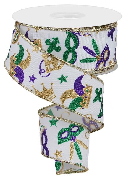 Pre-Order Now & Ship On December 24th 2025 - White Mardi Gras Pattern Ribbon - ( 1-1/2 Inch | 10 Yards )