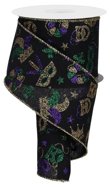 Pre-Order Now & Ship On December 24th 2025 - Black Mardi Gras Pattern Ribbon - ( 2-1/2 Inch | 10 Yards )