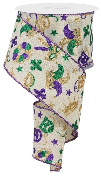 Cream Mardi Gras Pattern Ribbon - ( 2-1/2 Inch | 10 Yards )