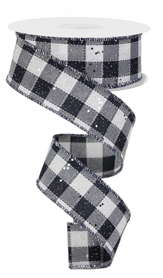 1.5 Inch x 10 Yards Gingham Check with Hex Glitter Ribbon - Dark Navy/White/Silver