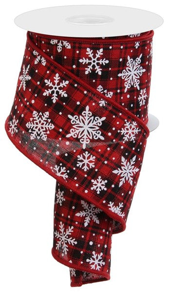 Red/Black/White - White Snowflakes On Check Wired Edge Ribbon - 2.5 Inch x 10 Yards