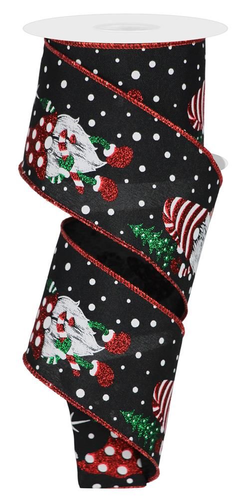 2.5 Inch x 10 Yards Gnome with Tree/Candy Cane Ribbon - Black/White/Emerald/Red