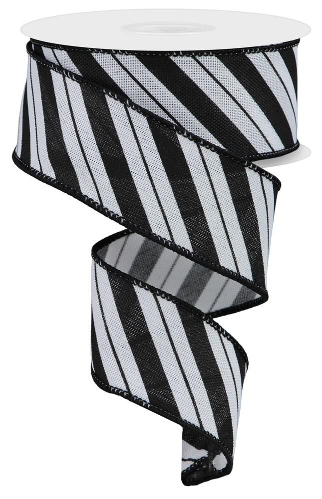 1.5 Inch x 10 Yards Diagonal Line/Faux Royal Ribbon - White/Black