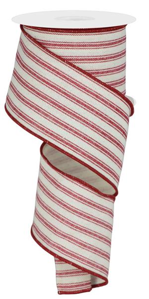 Pre-Order Now Ship On May 30th 2024 - Ivory/Dark Red - Ticking Stripe On Tc Cotton Ribbon - 2-1/2 Inch x 10 Yards