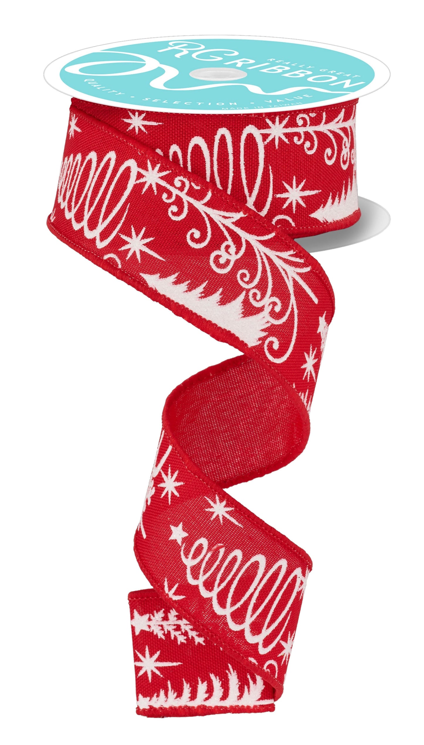 1.5 Inch x 10 Yards Multi Trees/Faux Royal Burlap Ribbon - Red/White