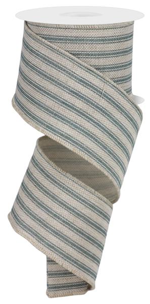 Pre-Order Now Ship On May 30th 2024 - Light Beige/Smoke Blue - Ticking Stripe Ribbon - 2-1/2 Inch x 10 Yards