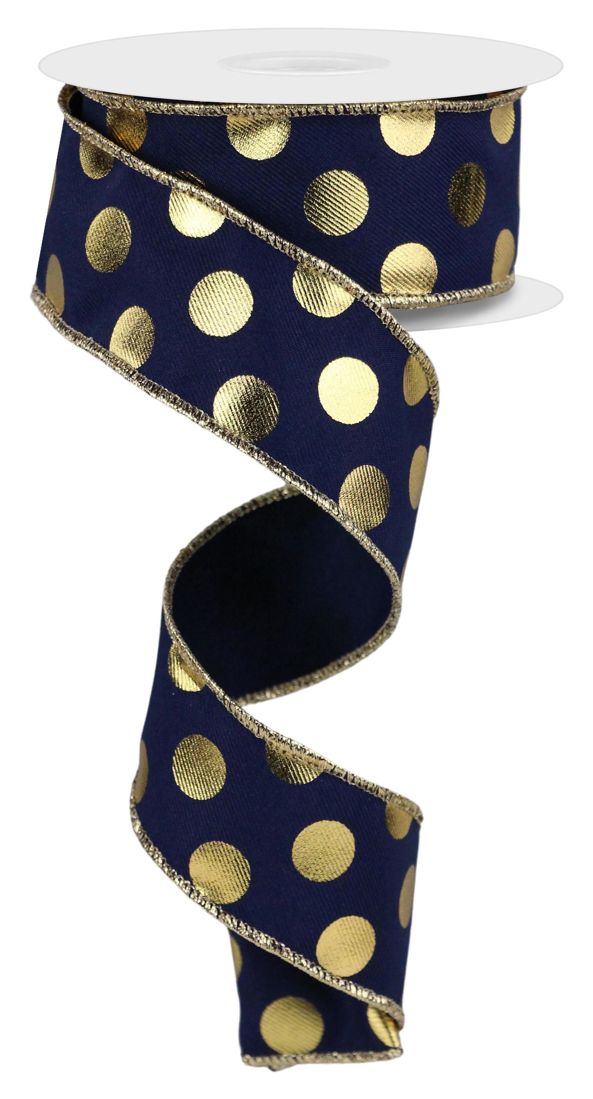 1.5 Inch x 10 Yards Metallic Polka Dots Ribbon - Navy Blue/Gold