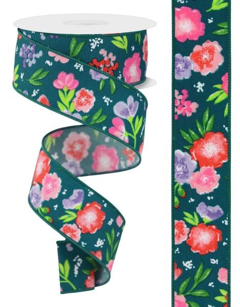 Teal/Multi - 1.5 Inch x 10 Yards Soft Florals On Diagonal Weave