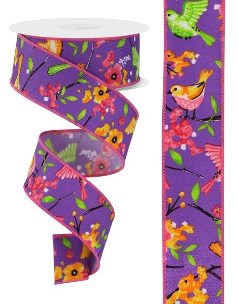 Purple/Multi - 1.5 Inch x 10 Yards Birds with Floral Branches