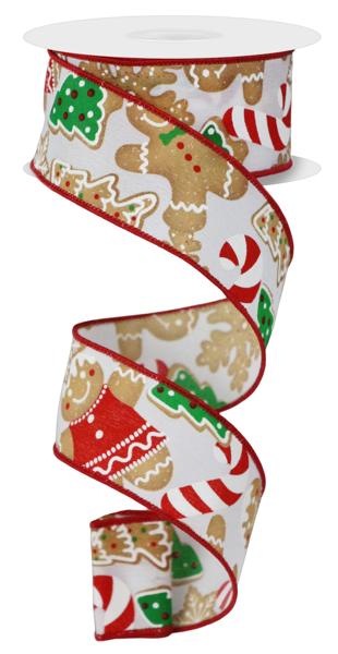 White/Brown/Emerald - Gingerbread Cookies Wired Edge Ribbon - 1.5 Inch x 10 Yards