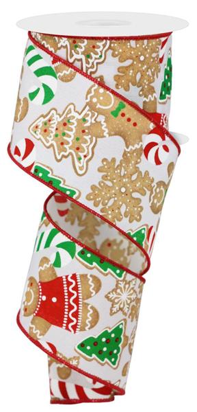 White/Brown/Emerald - Gingerbread Cookies Wired Edge Ribbon - 2.5 Inch x 10 Yards