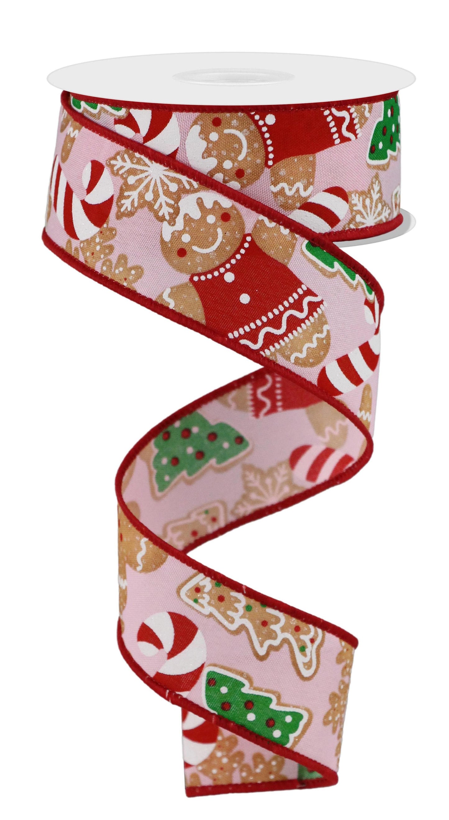 1.5 Inch x 10 Yards Gingerbread Cookies Ribbon - Light Pink/Brown/Emerald