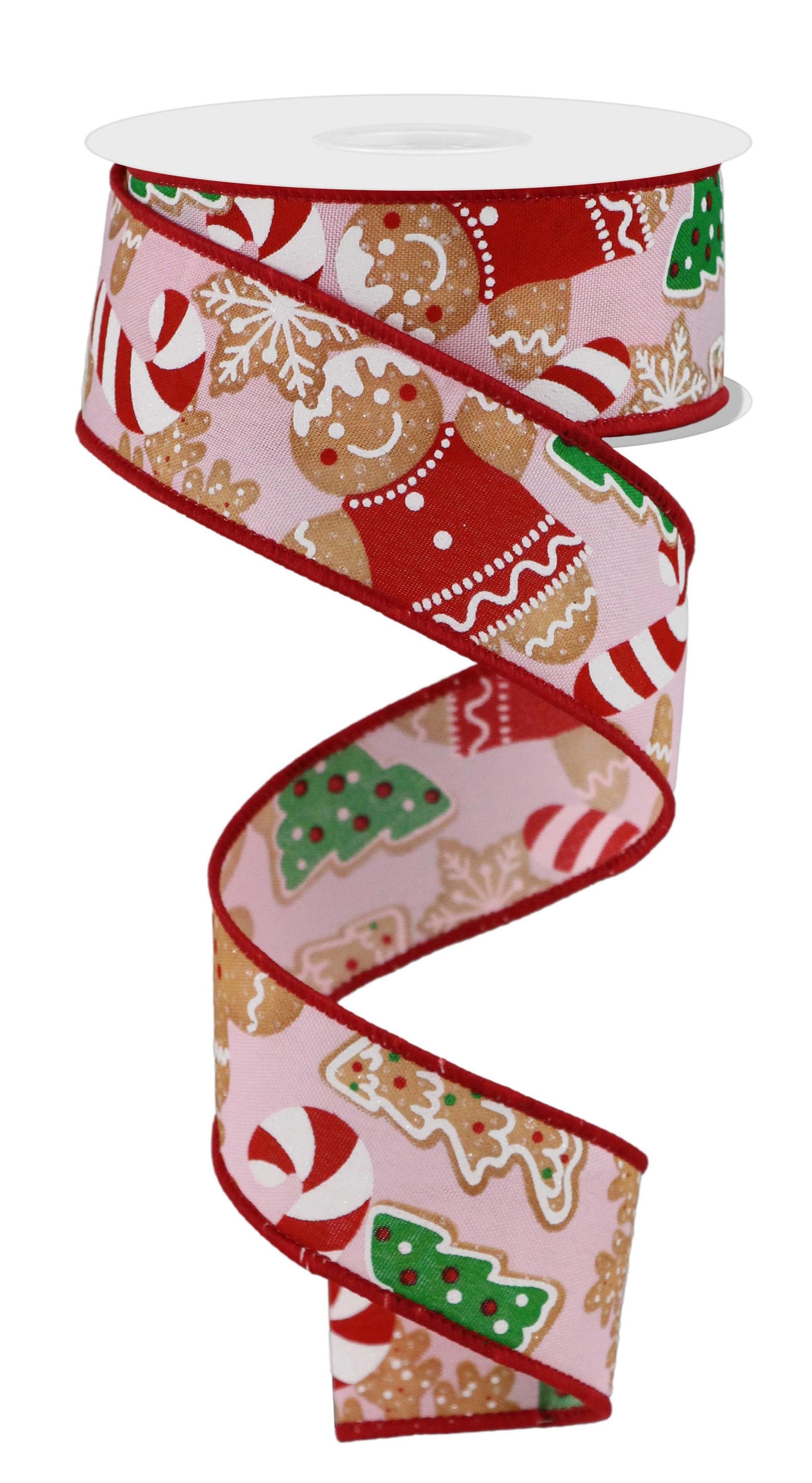 1.5 Inch x 10 Yards Gingerbread Cookies Ribbon - Light Pink/Brown/Emerald
