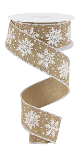 Tan/White - Snowflakes Wired Edge Ribbon - 1.5 Inch x 10 Yards