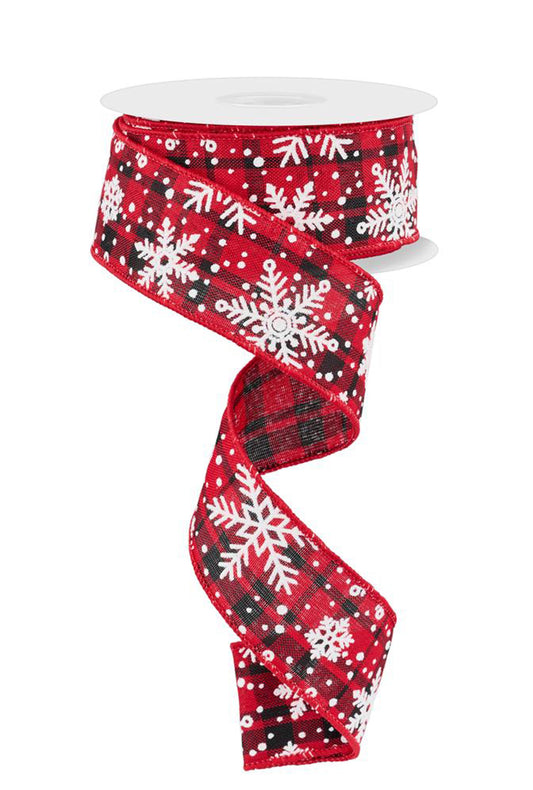 1.5 Inch x 10 Yards Multi Snowflake On Woven - White/Red/Black