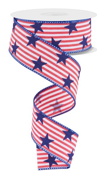 Pre-Order Now Ship On 30th May - Red/White/Navy Blue - Stars On Woven Stripe Ribbon - 1-1/2 Inch x 10 Yards