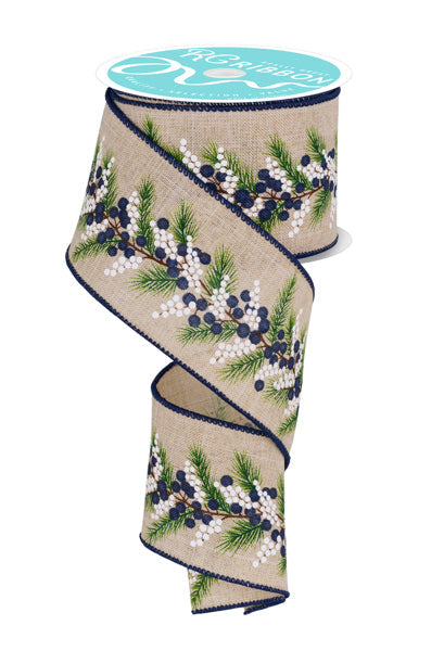 Pre-Order Now Ship On May 30th 2024 - Light Natural/Navy Blue/Green/Brown - Berries And Pine Ribbon - 2-1/2 Inch x 10 Yards