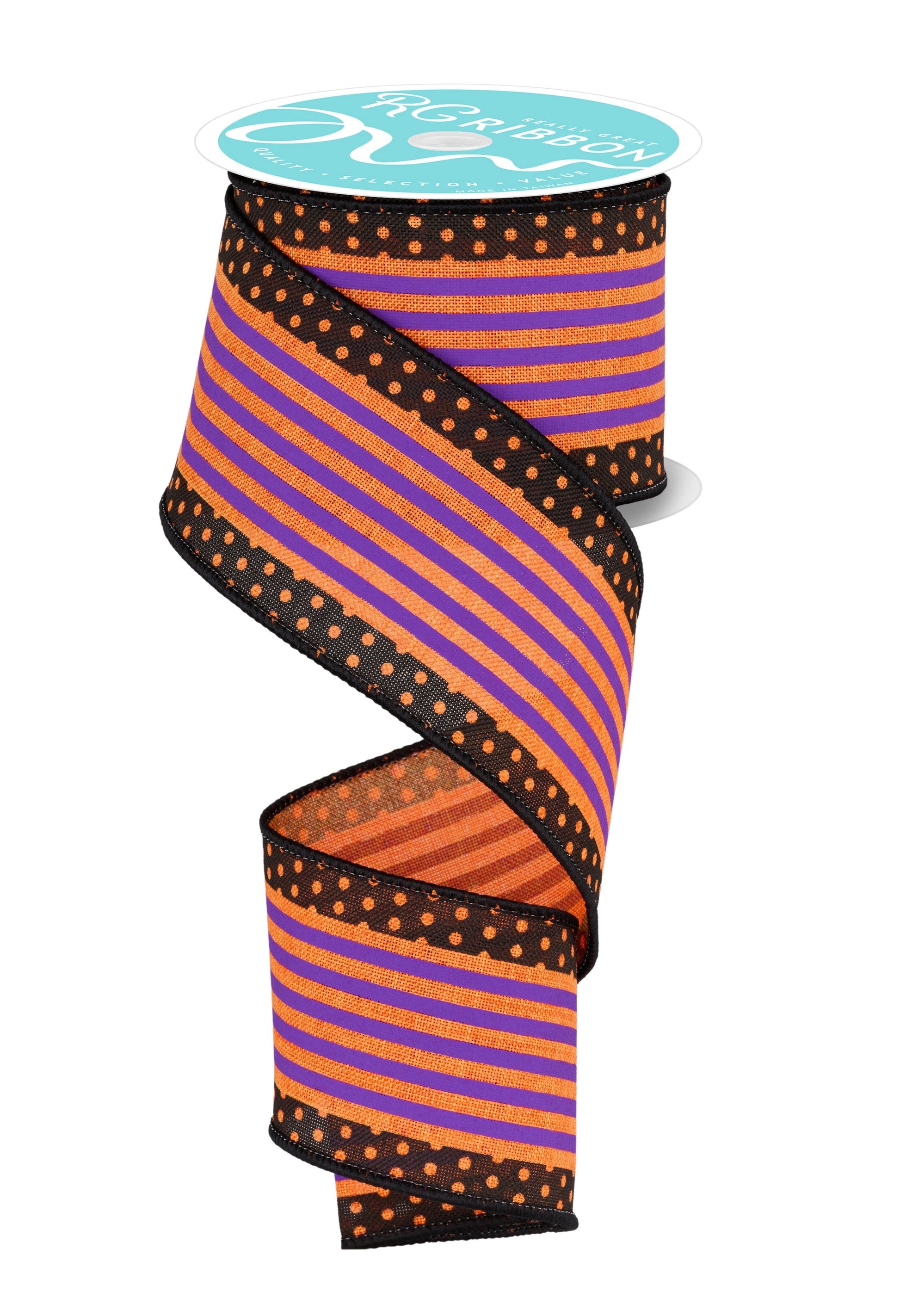 2.5 Inch x 10 Yards Vertical Stripe/Polka Dot Edge Ribbon - Orange/Purple/Black