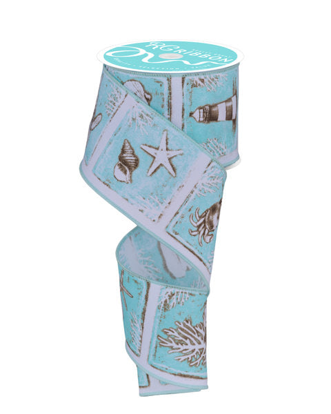Pre-Order Now Ship On 30th May - White/Turquoise/Taupe - Coastal Blocks Ribbon - 2-1/2 Inch x 10 Yards
