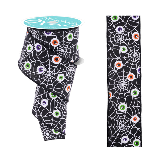 2.5 Inch x 10 Yards Spider Web/Eyeballs Ribbon - Black/White/Orange/Lime/Purple