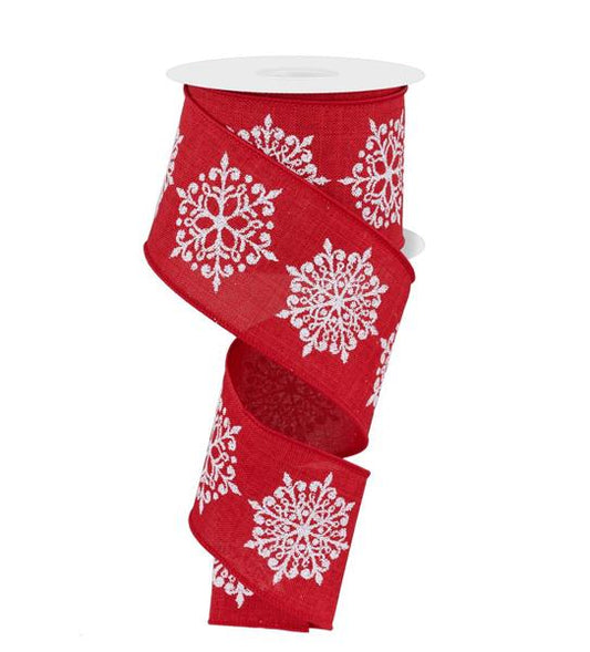 Red/White Glitter Snowflake On Royal Ribbon - 2-1/2 Inch x 10 Yards