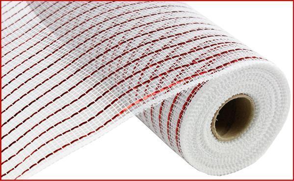 White Deco Xmas Mesh Metallic Red Stripes - 10 Inch x 10 Yards