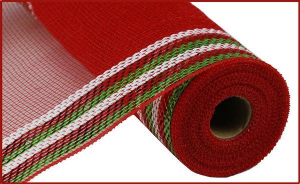 Red with Red Green Stripes - Deco Mesh Wrap Metallic Stripes - 10 Inch x 10 Yards