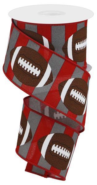 Red Grey Brown - Football On Royal Wired Edge Ribbon - ( 2-1/2 Inch | 10 Yards ) BBCrafts.com