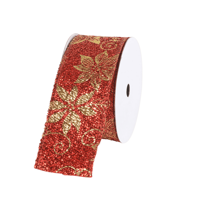 Red Metallic Gold Poinsettia Ribbon 2-1/2 Inch x 10 Yards