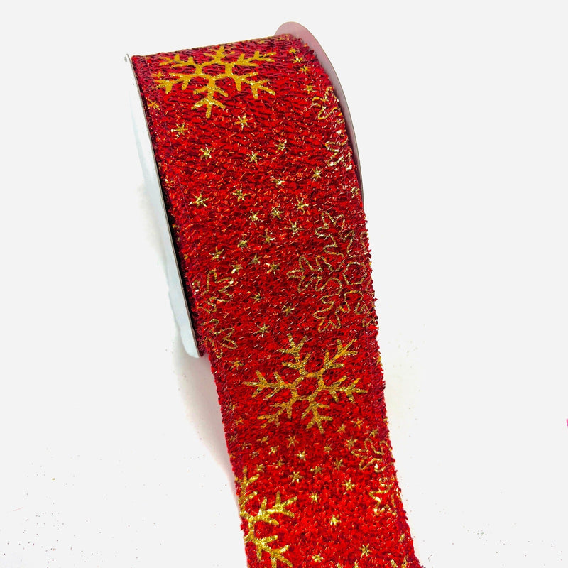 Red Metallic Gold Snowflake Ribbon ( 2 - 1/2 Inch x 10 Yards ) BBCrafts.com