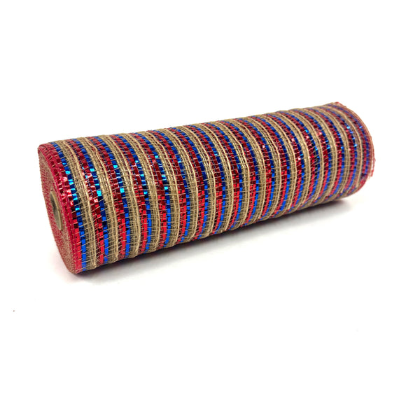 Red Natural and Blue Burlap Stripe Mesh - 10 Inch x 10 Yards BBCrafts.com