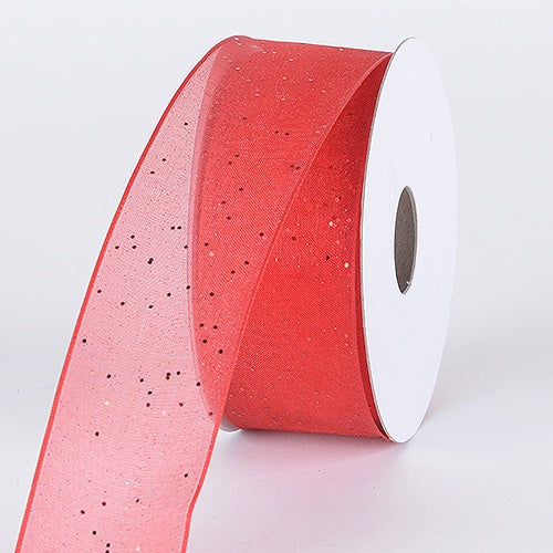 Red - Organza Ribbon with Glitters Wired Edge - W: 5/8 inch | L: 25 Yards