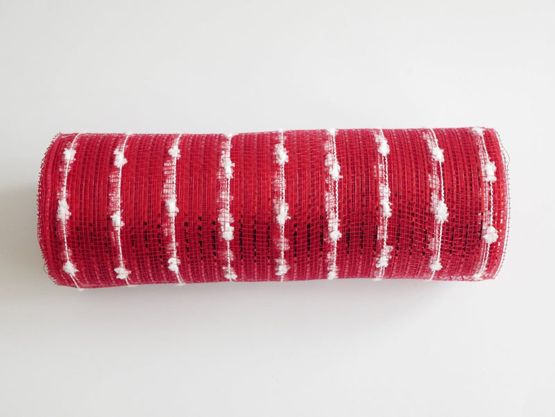 Red Snowy Striped Deco Mesh - Holiday Floral Deco Mesh - ( 10 Inch x 10 Yards ) BBCrafts.com
