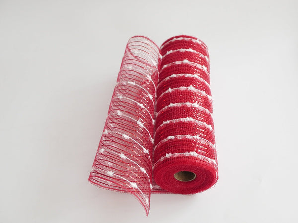 Red Snowy Striped Deco Mesh - Holiday Floral Deco Mesh - ( 10 Inch x 10 Yards ) BBCrafts.com