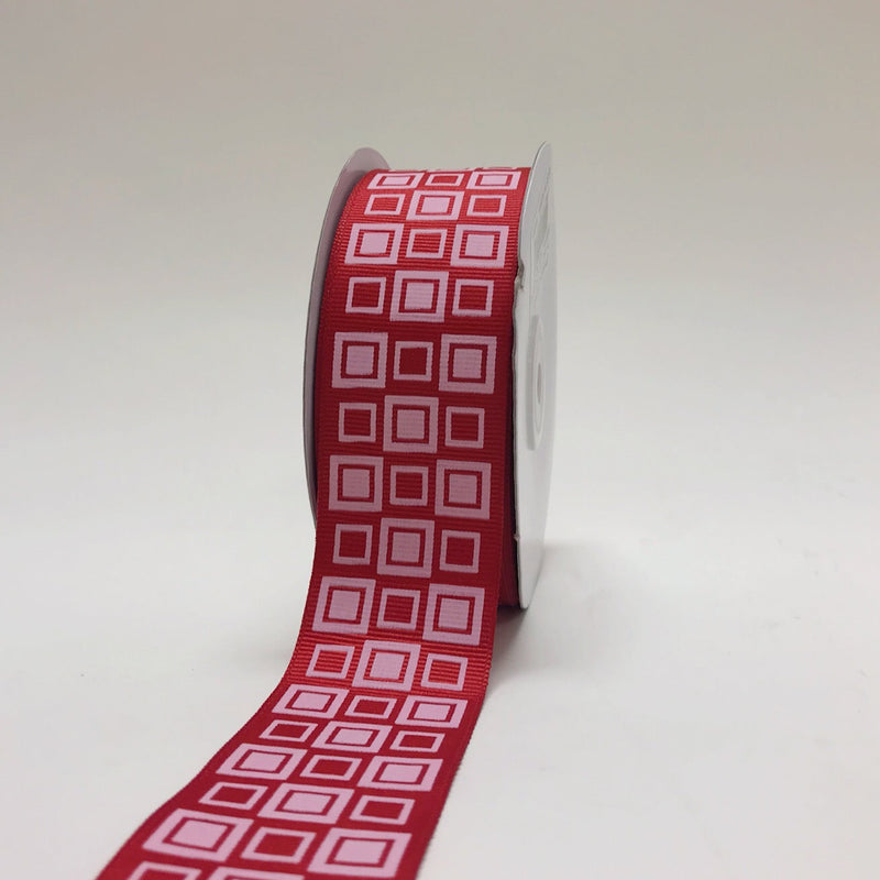 Red - Square Design Grosgrain Ribbon ( 1 - 1/2 Inch | 25 Yards ) BBCrafts.com
