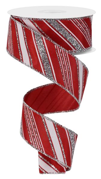 Red White Silver - Diagonal Line Satin Ribbon - ( 1-1/2 Inch | 10 Yards ) BBCrafts.com