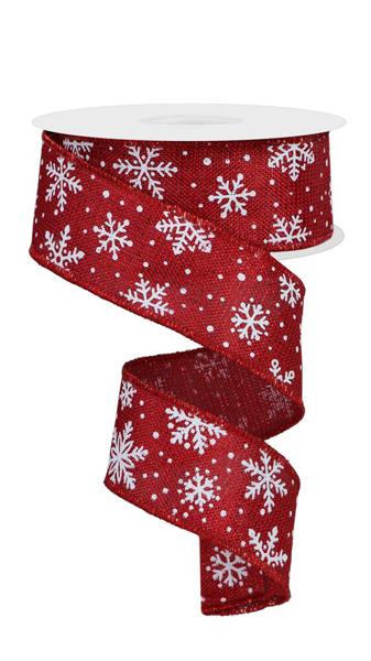 Red White - White Snowflakes On Woven Wired Edge Ribbon - ( 1-1/2 Inch | 10 Yards ) BBCrafts.com