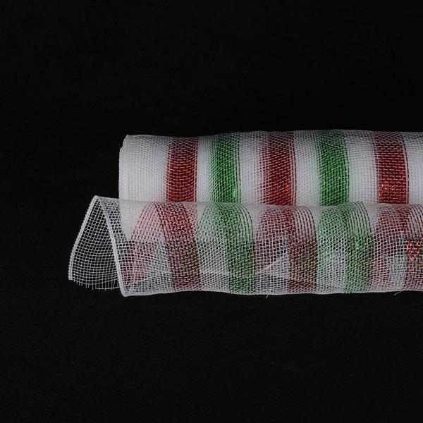 Red with Apple Green - Poly Deco Mesh Wreath Material with Laser Mono Stripe - 10 Inch x 10 Yards